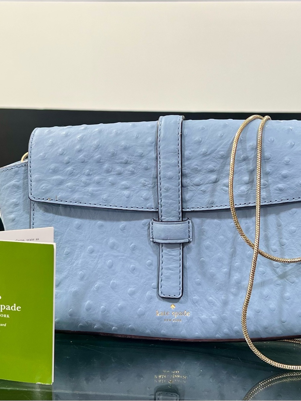 kate spade Light Blue Ostrich-Embossed Crossbody with Gold Chain Riverside St